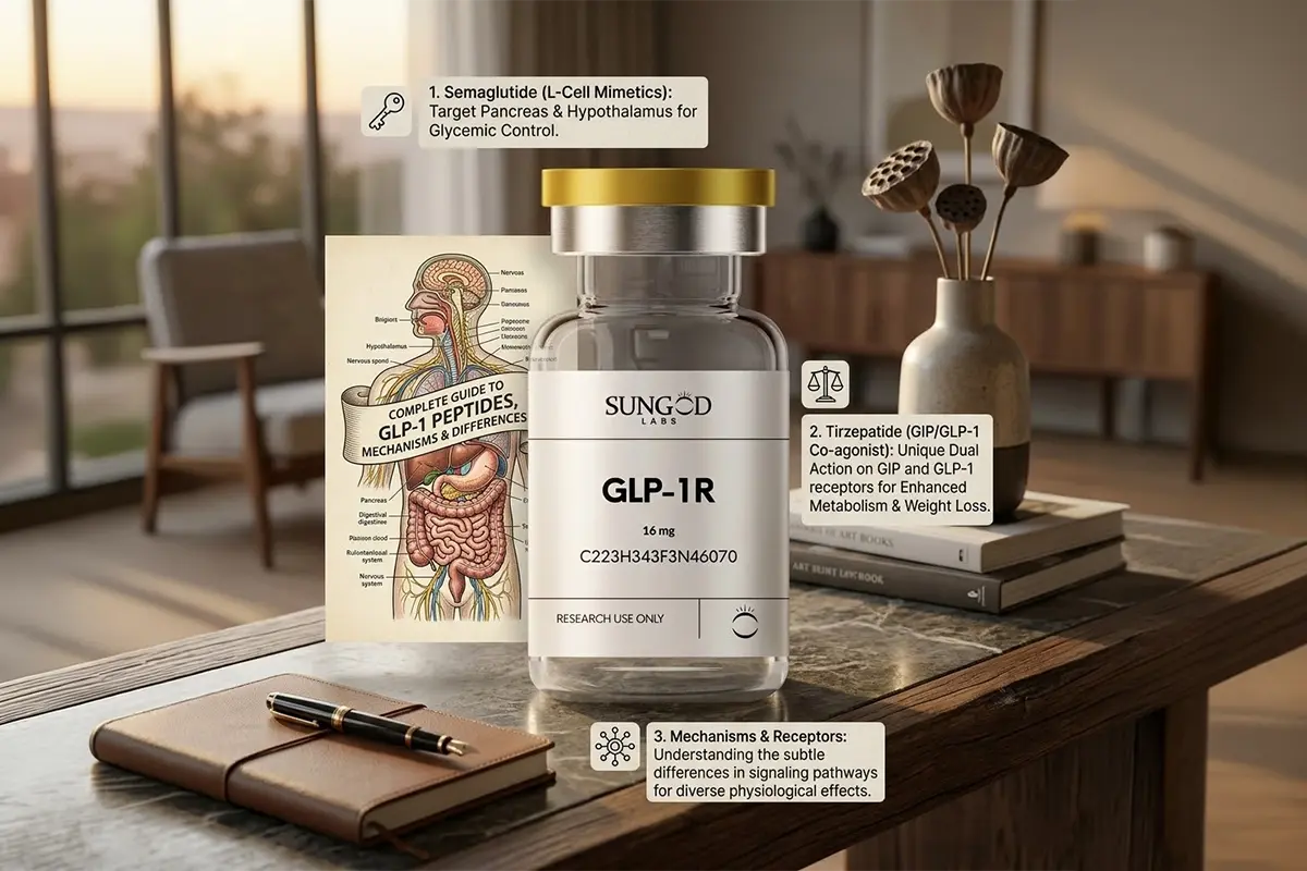 GLP-1R vs Semaglutide vs Tirzepatide Complete Guide to GLP-1 Peptides, Mechanisms & Differences By SunGod Labs